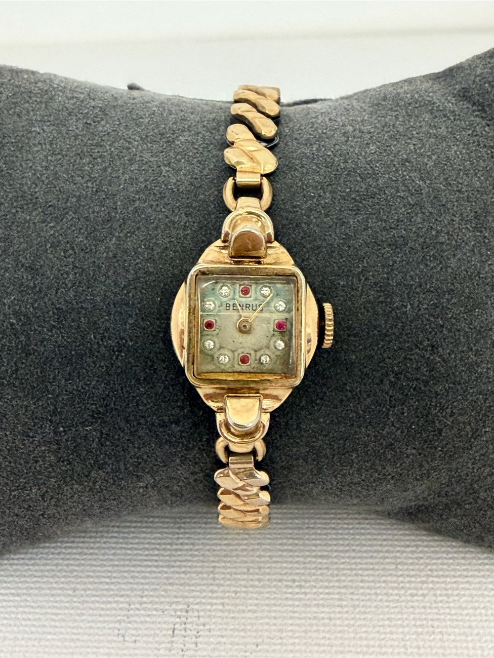 Vintage Benrus 10k RGP Bezel Synthetic Ruby & Single Cut Diamond Chips